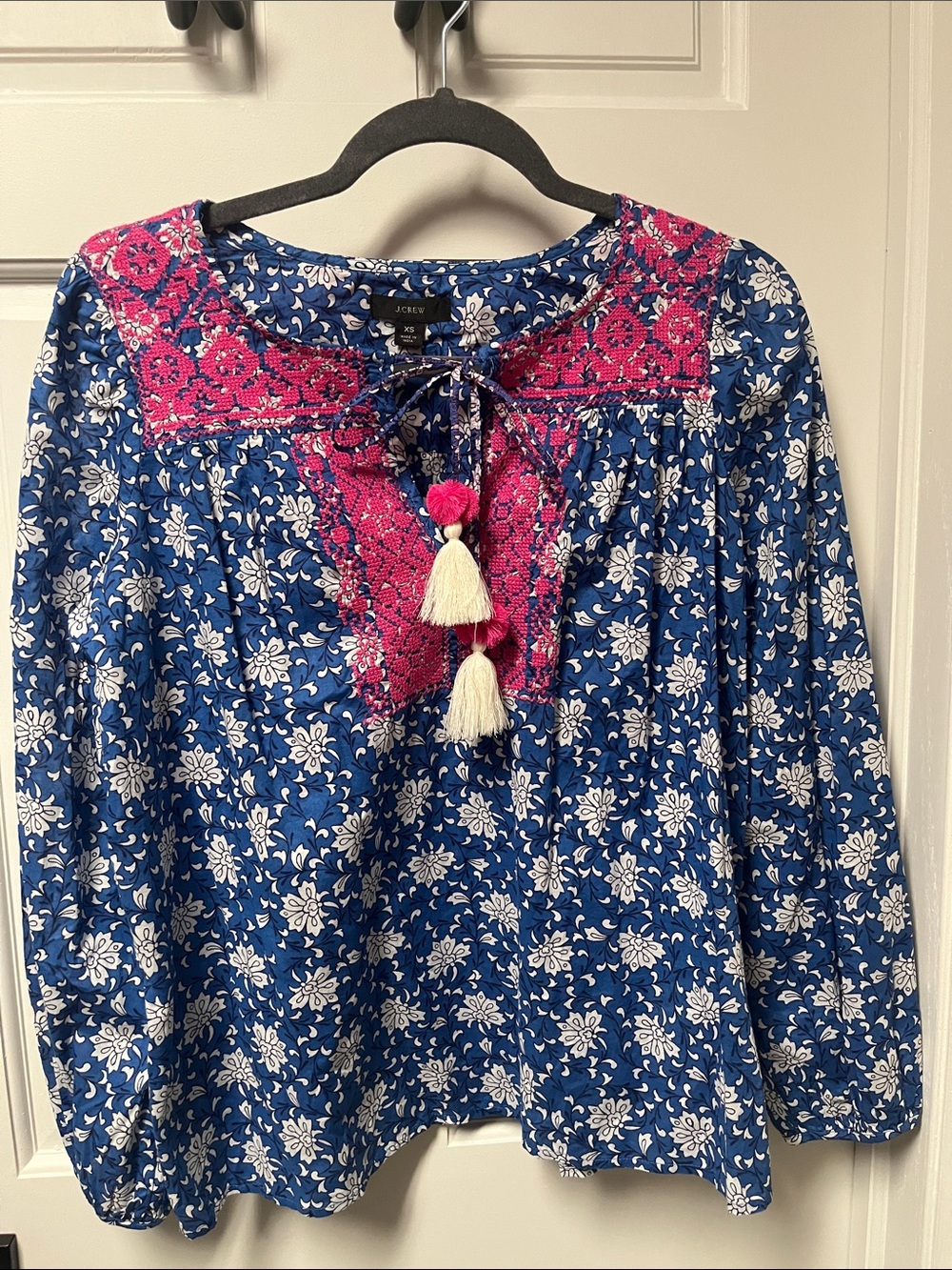 J. Crew Blue Floral Blouse with Pink Embroidered Yoke